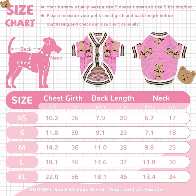 Small Dog Sweaters Cute Bear Knitted Dog Cardigans Clothes for Small Medium Dogs Soft Pet Puppy Cat Knitting Outfits Fall Winter Warm Boy Girl Dogs Knitwear Coat Apparel(Pink, X-Small)