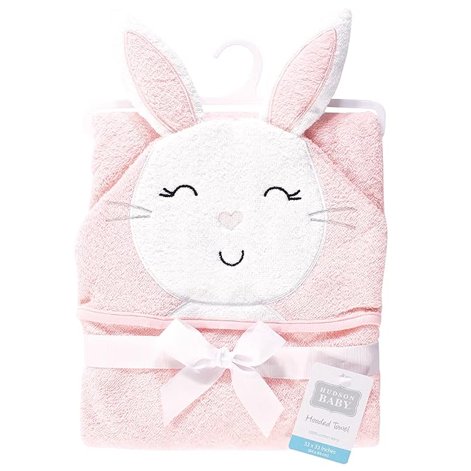 Hudson Baby Unisex Baby Cotton Animal Face Hooded Towel, Pink Bunny, One Size
