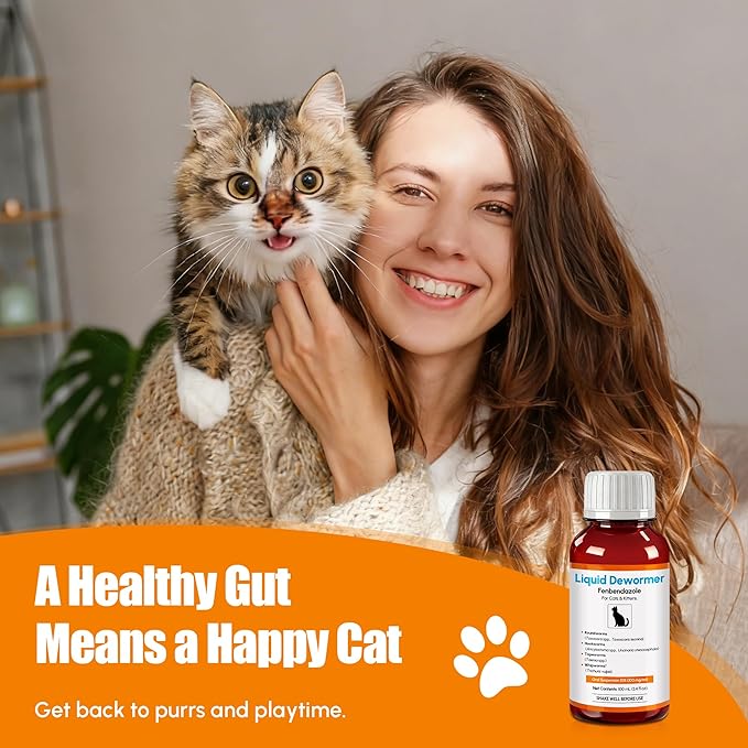 Dewormer for Cats & Kittens Fenbendazole Liquid - Broad Spectrum Suspension - Easy to Mix with Food - Removes Roundworm, Hookworm, Tapeworm - Includes 3ml Dosing Syringe (100ml)