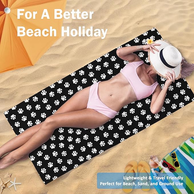 Black Paws Dog Pet Beach Towel Gifts for Women Dog Lovers Owner, Funny Cute Quick Dry Travel Sand Free Beach Towels Oversized Decor for Bathroom Swimming Pool 30x60in