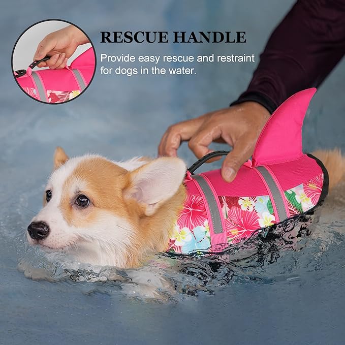 Dogcheer Dog Life Jacket Shark, Hawaiian Style Dog Life Vest for Swimming Boating with Superior Buoyancy and Rescue Handle, Reflective Pet Swim Vest for Small Medium Large Dogs - Flower Pink, XL