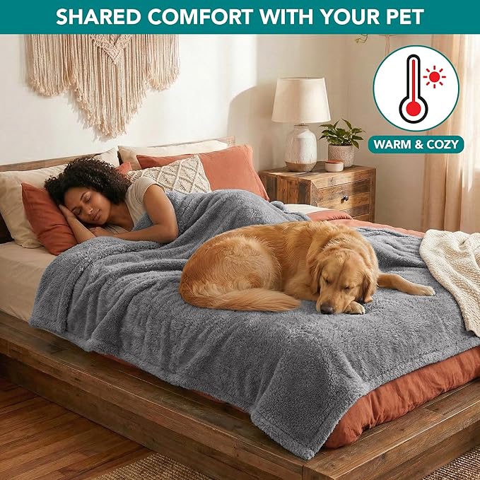 PetAmi Fluffy Waterproof Dog Blanket for Bed Large Dogs, Soft Warm Pet Sherpa Throw Pee Proof Couch Cover, Reversible Cat Blanket Sofa Crate Kennel Protector, Washable Mat Queen (Light Grey, 90x90)