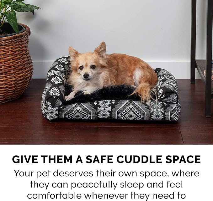 Furhaven Pillow Dog Bed for Large Dogs w/ Removable Bolsters & Washable Cover - Plush & Southwest Kilim Woven Decor Sofa - Black Medallion, Jumbo/XL