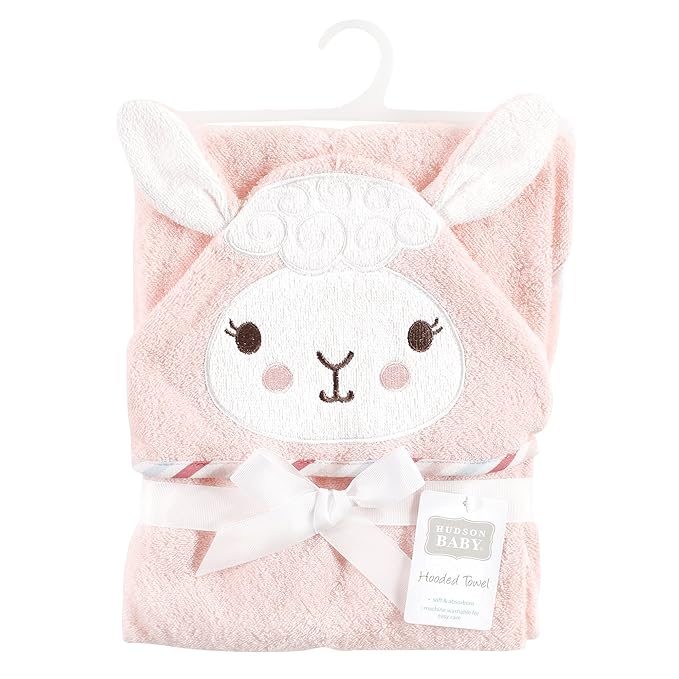 Hudson Baby Unisex Baby Cotton Animal Face Hooded Towel, Pink Llama, One Size