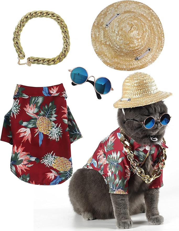 Hawaiian Dog T Shirts Pet Summer Clothes Cat Sunglasses Funny Straw Hat Kitten Costumes with Gold Chain Collar (Medium,Red)