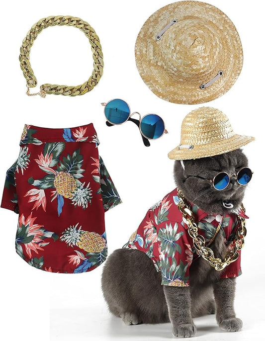 Hawaiian Dog T Shirts Pet Summer Clothes Cat Sunglasses Funny Straw Hat Kitten Costumes with Gold Chain Collar (Medium,Red)