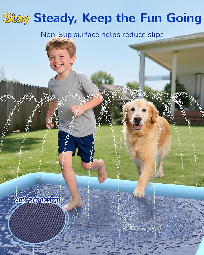 VISTOP Non-Slip Splash Pad for Kids and Dog, Thicken Sprinkler Pool Summer Outdoor Water Toys - Fun Backyard Fountain Play Mat for Baby Girls Boys Children or Pet Dog (116 * 72 inch,Blue&Blue)