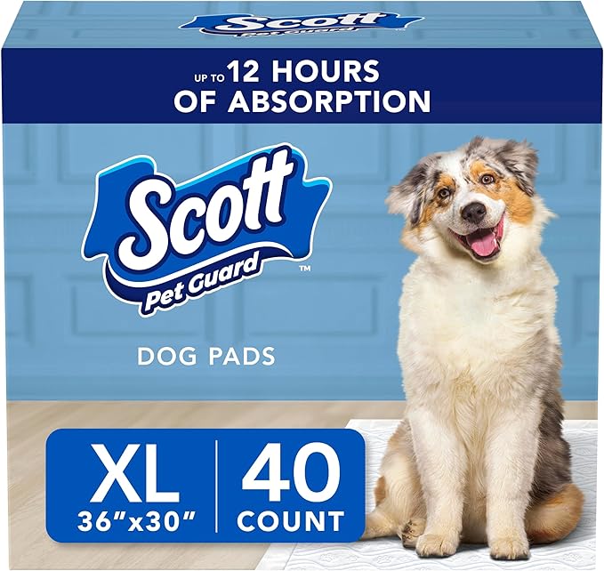 Scott Pet Guard Dog Pads - Dog Training Pee Pads for Puppies, Medium & Large Dogs - Up to 12 Hour Absorbent Odor Control - Easily Disposable Pee Pads - Size XL - 30" x 36" - 40 Pack