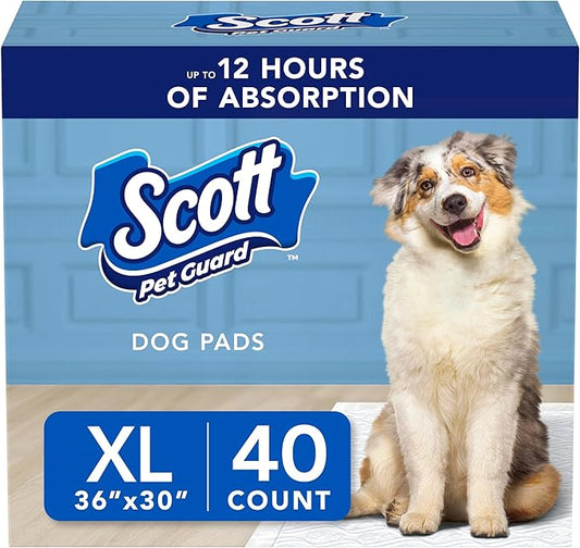 Scott Pet Guard Dog Pads - Dog Training Pee Pads for Puppies, Medium & Large Dogs - Up to 12 Hour Absorbent Odor Control - Easily Disposable Pee Pads - Size XL - 30" x 36" - 40 Pack