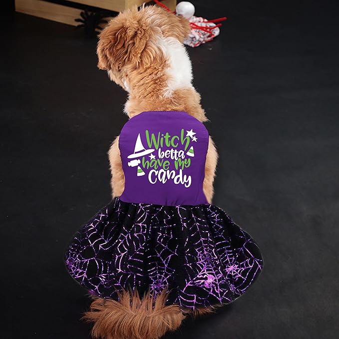 Halloween Dog Dress, Witch Candy Spider Web Tutu Skirt, Holiday Cat Costume for Small Dogs and Cats, Purple Pet Outfit for Puppies and Kittens