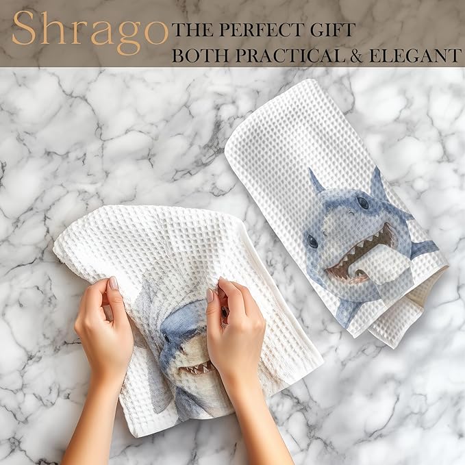 Funny Shark Bathroom Decor Hand Towels, Kids Bathroom Decor, Coastal Ocean Animal Hand Towels for Kids Bath Room Washroom, Gifts for Shark Lovers, 16x24 Inch Set of 2