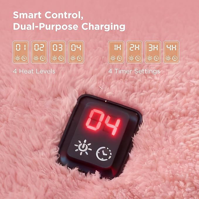 Bedsure Cordless Wearable Heated Blanket - Fluffy Electric Blanket Hoodie with 20000mAh Battery Pack, Portable USB Heated Shawl as Winter Gifts for Women Mom, 4 Heat Levels & 4 Timers, 55"x69", Pink