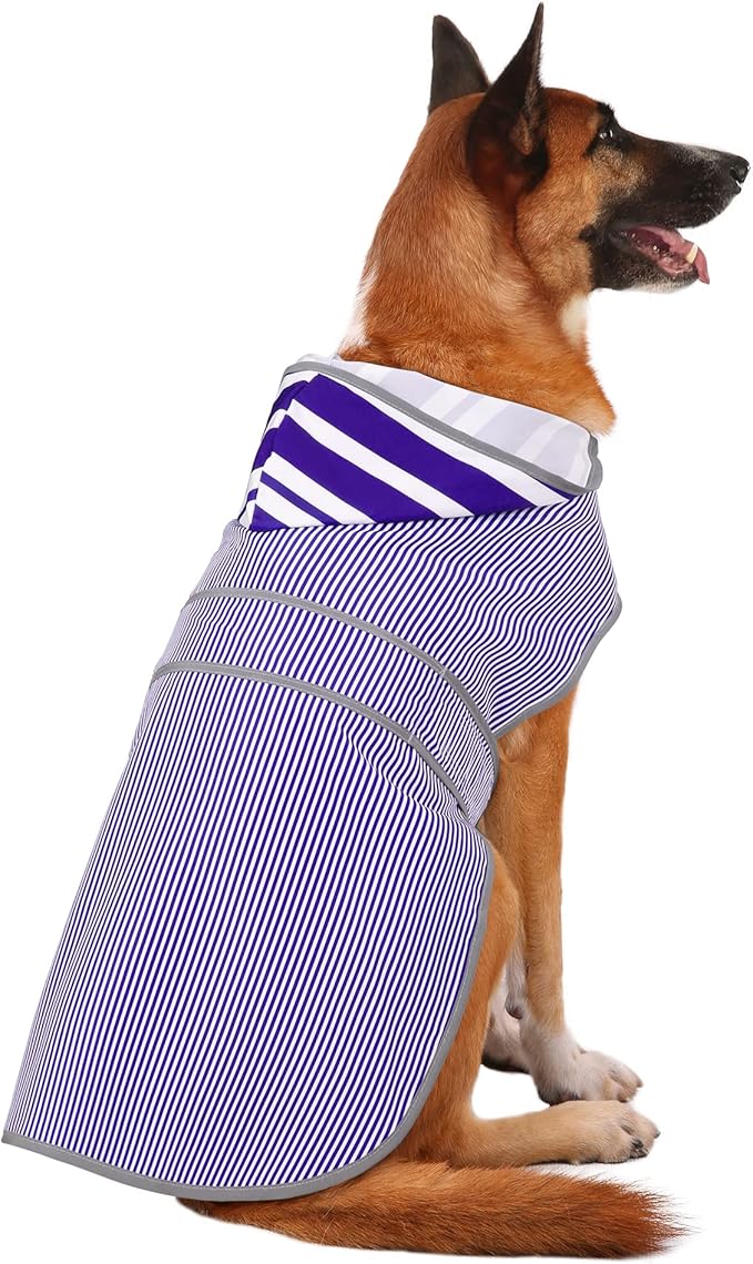 Dog Raincoat for Large Dogs Puppies Waterproof Jacket Hooded Rain Coats with Reflective Strips Leash Hole & Poncho Adjustable Fit (Bluestripe,L)