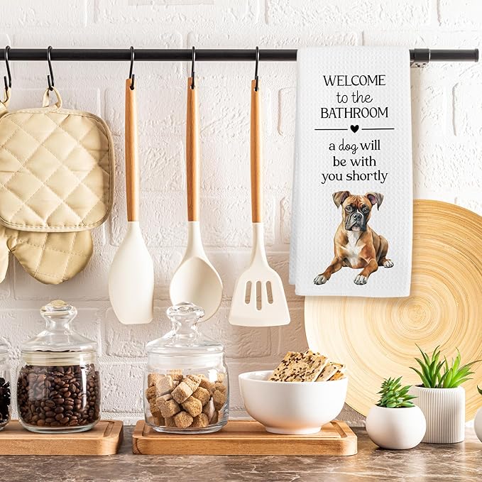 Funny Boxer Dog Hand Towels, Boxer Gifts for Women Hand Towel, A Dog Will Be with You Shortly Decorative Towels Bath Towel for Bathroom, Funny BoxerDog Bathroom Decor, 16x24in