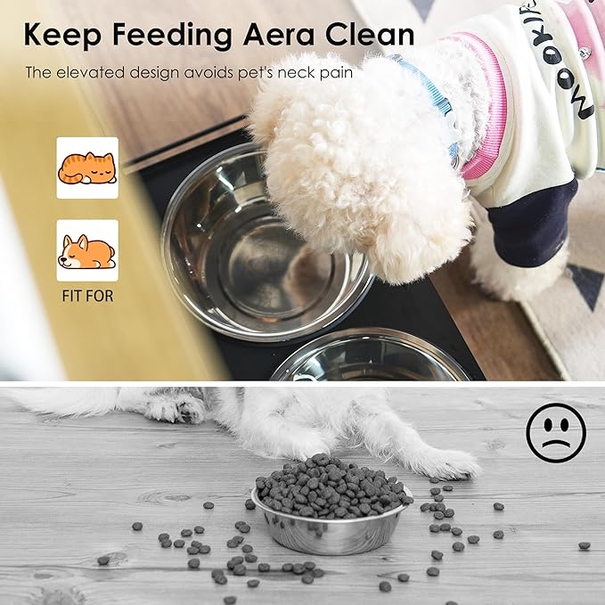 Pet Feeder Station Dog Feeding Station Dog Food Toy Storage Cabinet Storage Container with 2 Pull Out Bowls, Adjustable Panel, Side Hooks, Rattan Door, Black (20.5" Lx14.6 Wx32.1 H)
