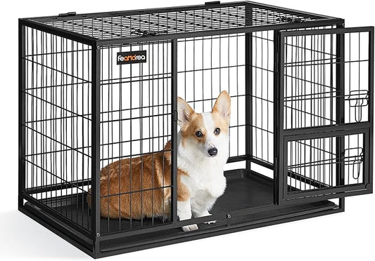 Feandrea 36.4 Inch Heavy Duty Dog Crate, Metal Escape Proof Kennel with Double Doors and Convenient Feeding Door, Removable Tray, Easy to Clean, L Pet Crate for Medium and Small Dogs, Black