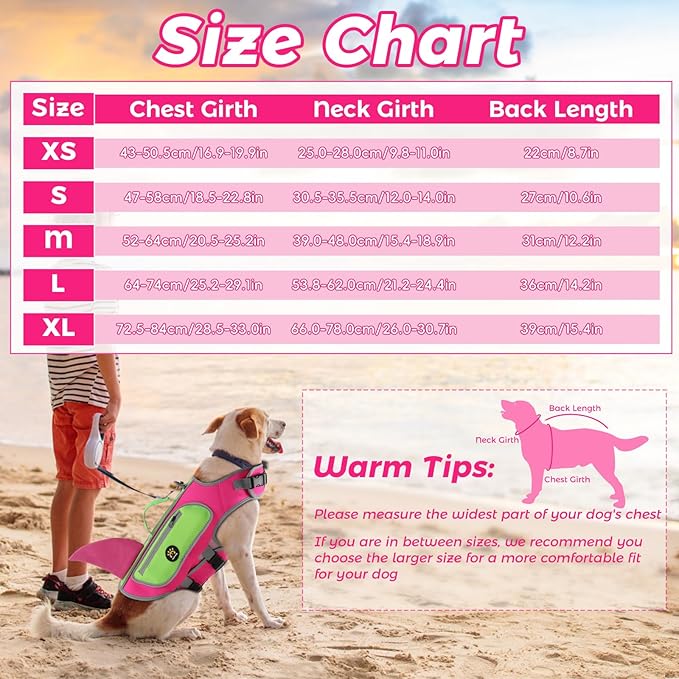 Dog Life Jacket Shark, Good Visibility Dog Life Vest for Swimming Boating, Reflective & Adjustable Pet Swim Floating Vest with High Buoyancy for Small Medium Large Dogs (Rosepink, X-Large)