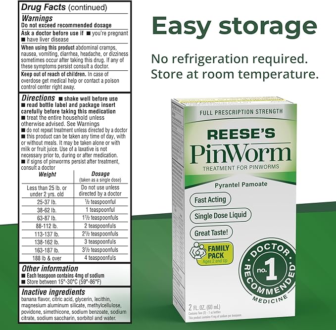 REESE'S PINWORM Medicine Liquid for Entire Family, Full Prescription Strength, 2 Oz, Pack of 2, #1 Doctor Recommended Single Dose Pyrantel Pamoate Dewormer for Adults & Kids Ages 2+, Banana Flavor