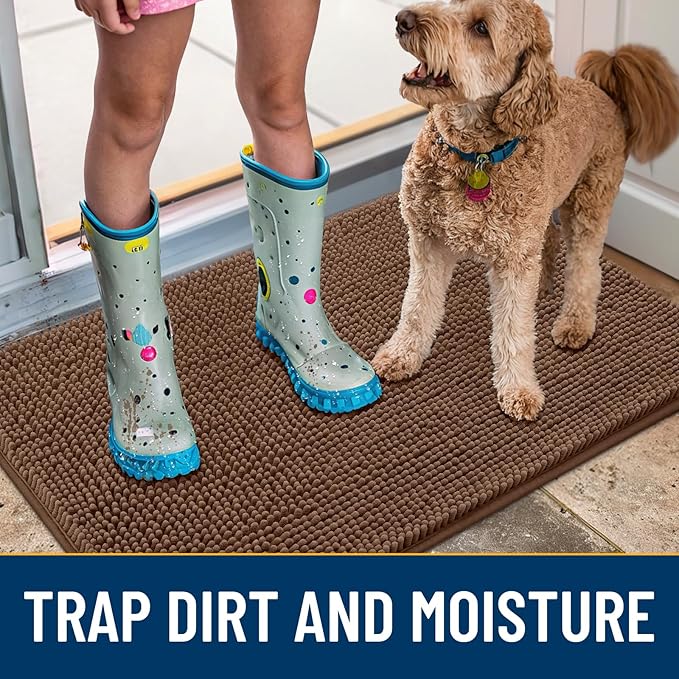 Smiry Dog Door Mat for Muddy Paws 30x20, Absorbs Moisture and Dirt Doormat, Non-Slip Washable Quick Dry Chenille Front Door Mat Indoor Entrance, Entryway Carpet for Inside Floor, Mocha