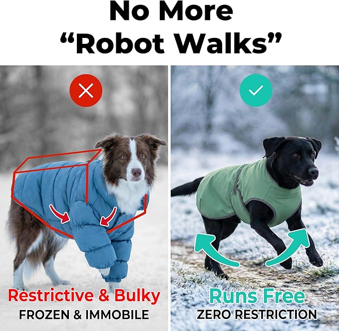 Dog Winter Vest with Fur-Safe Buckle (No Hook & Loop), Water-Repellent Fleece Lined Jacket, 360° Reflective, Leash Hole & Leg Straps, Adjustable for Hiking & Active Dogs (Green, X-Large)