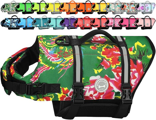 VIVAGLORY Rip Stop Dog Life Vest, Swimming Vest with Handle, Buoyancy for Doggy Puppy, Dog Life Jacket for Swimming & Boating, XL, Northeast Florals-Green