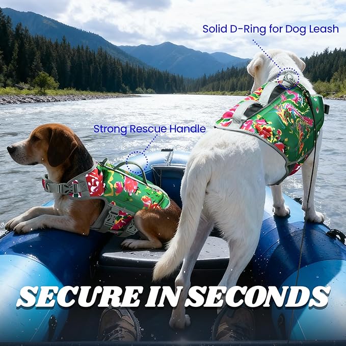 VIVAGLORY High Buoyancy Dog Life Vest, Swimming Vest with Handle, Dog Life Jacket for Swimming & Boating, Buoyancy for Puppy Doggy, M, Northeast Florals-Green