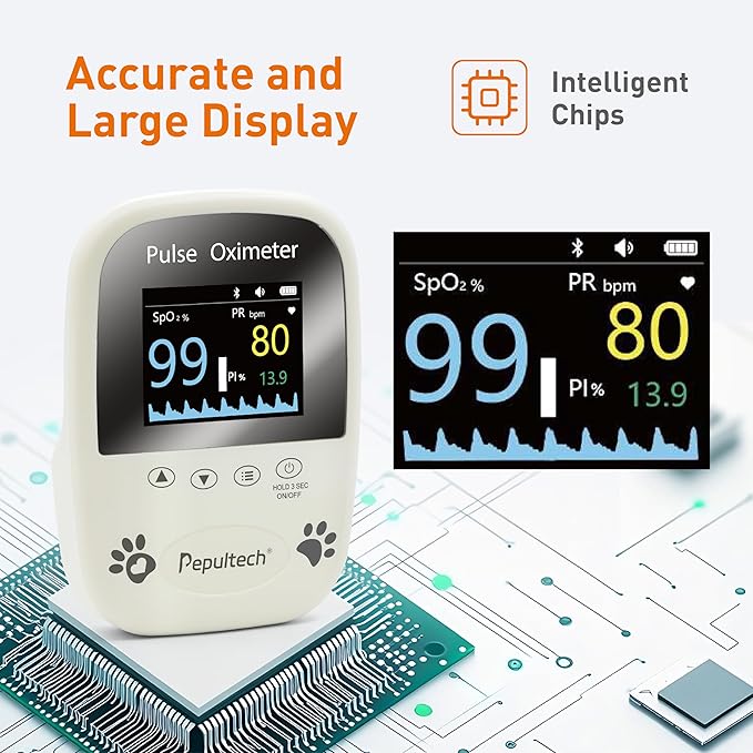 2 Probe Sensor Included -Pepultech Pulse Oximeter for Dogs,Veterinary Blood Oxygen Saturation and Pulse Rate Monitor,Handheld Bluetooth Veterinarian SpO2 Monitor,Accurate Results & Easy to Use