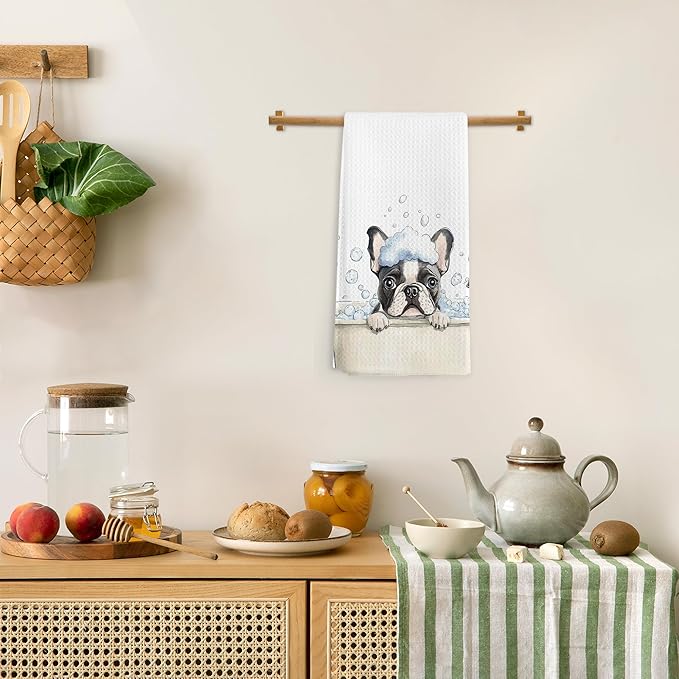 Funny French Bulldog Gifts Hand Towels for Bathroom, Frenchie Dog Gifts Dish Tea Towels, French Bulldog Dog in Bathtub Hand Towel for Toilet Kitchen Restroom Decor, 16x24 Inch