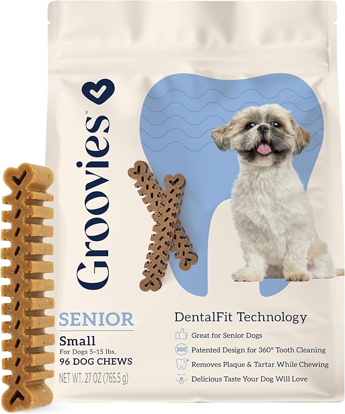 Groovies Gentle & Flexible Senior Dog Dental Chews, Contact-Cleaning Design Supporting Tartar Control & Fresh Breath, Oral Care Treats, USA Manufactured, Patented DentalFit Tech, Small Dogs, 96 Chews
