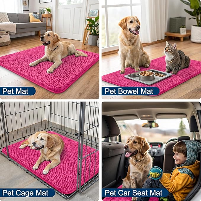 Smiry Dog Door Mat for Muddy Paws 40x32, Absorbs Moisture and Dirt Doormat, Non-Slip Washable Quick Dry Chenille Front Door Mat Indoor Entrance, Entryway Carpet for Inside Floor, Hot Pink