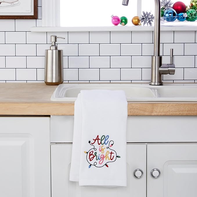SKL Home Christmas/Winter All is Bright Hand Towel 2pc Set for Bath/Kitchen/Bar & Gift, Optic White