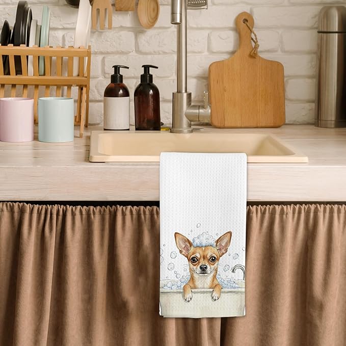 Funny Chihuahua Dog for Women Hand Towels, Dog Bathroom Decor, Funny Chihuahua Dish Tea Towels, Cute Chihuahuas Dogs in Bathtub Hand Towel for Toilet Kitchen Restroom Decor, 16x24 Inch