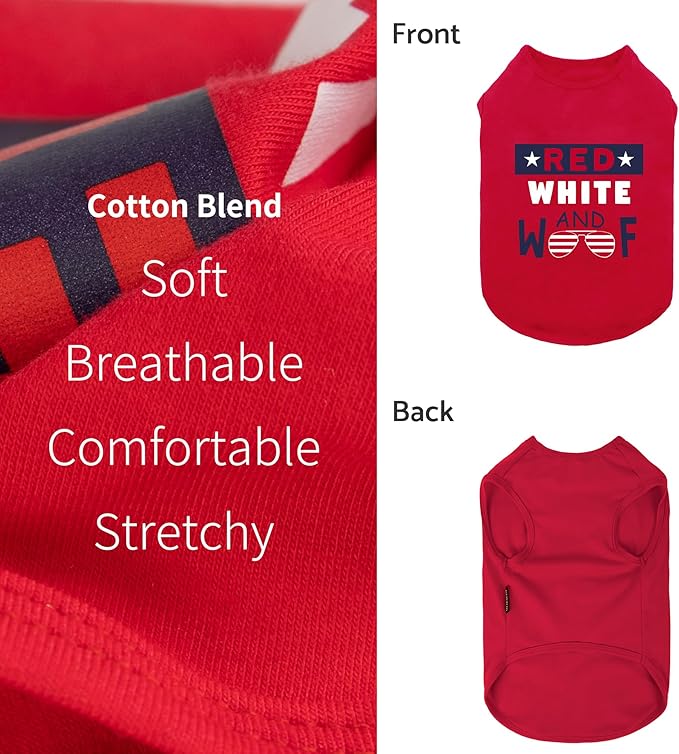 Fitwarm Patriotic Red White and Woof Dog Shirt, 4th of July Dog Clothes for Small Dogs Boy Girl, Funny Doggy Summer Clothes, Pet Outfit, Red, Blue, White, Medium