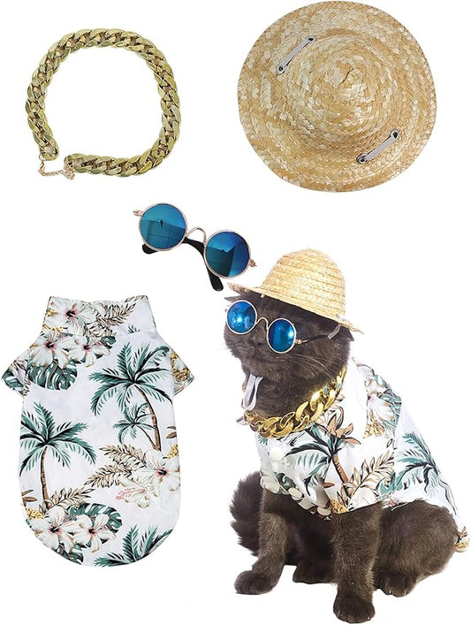 Hawaiian Dog T Shirts Pet Summer Clothes Cat Sunglasses Funny Straw Hat Kitten Costumes with Gold Chain Collar (Medium,White)