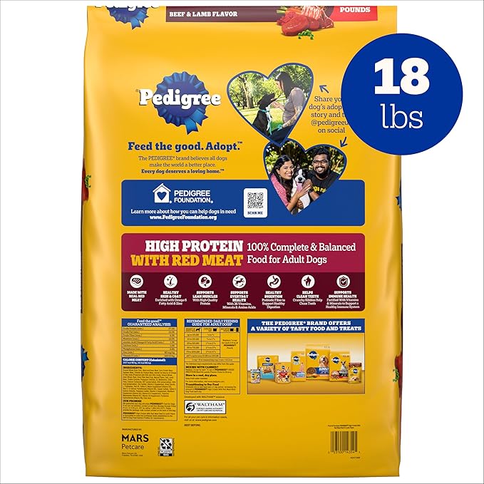 Pedigree Dry Dog Food for Adult Dogs, High Protein, Beef and Lamb Flavor, 18 lb. Bag