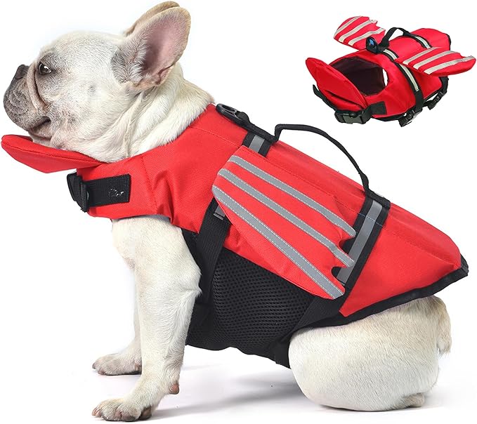 Dog Life Jacket, Cute Wings Adjustable Dog Life Vest with Chin Float and Handle for Swimming Boating Reflective High Buoyancy Swim Float Vest for Small Medium Large Dogs (Red, XS)