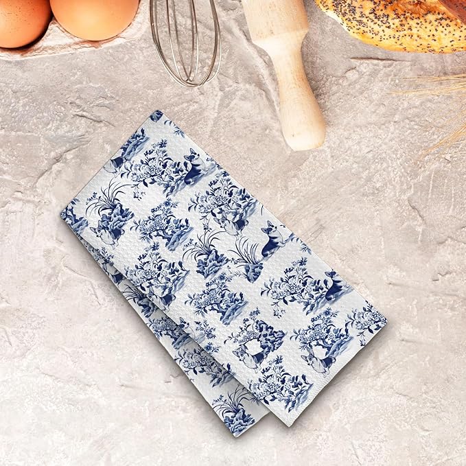 Chinoiserie Corgi Kitchen Towels,Corgi Gifts for Corgi Lovers Dish Tea Towels for Kitchen Decor,Corgi Decorative Hand Towels for Bathroom, 16x24 Inches