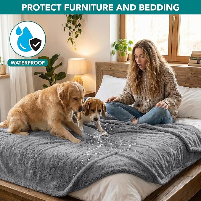 PetAmi Fluffy Waterproof Dog Blanket for Bed Large Dogs, Soft Warm Pet Sherpa Throw Pee Proof Couch Cover, Reversible Cat Blanket Sofa Crate Kennel Protector, Washable Mat Queen (Light Grey, 90x90)