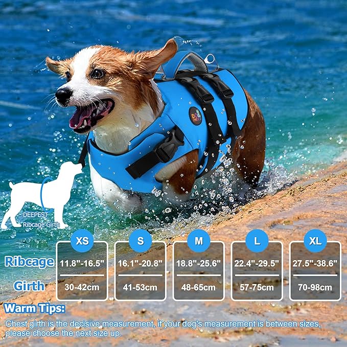 Dogcheer Dog Harness Life Jacket, High Buoyancy Neoprene Dog Life Vest for Swimming Boating, Adjustable Puppy Swim Vest Reflective Pet Float Vest for Small Medium Large Dogs - Blue, M