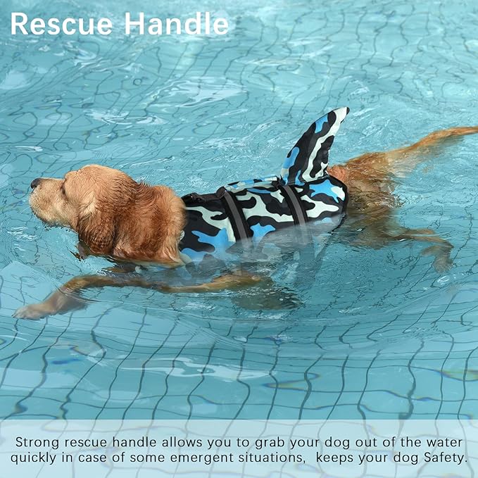 Dogcheer Dog Life Jacket Shark, Ripstop Dog Life Vest for Swimming Boating with Reflective Stripes & Rescue Handle, High Buoyancy Pet PFD Swim Vest for Small Medium Large Dogs - Camo Blue, M
