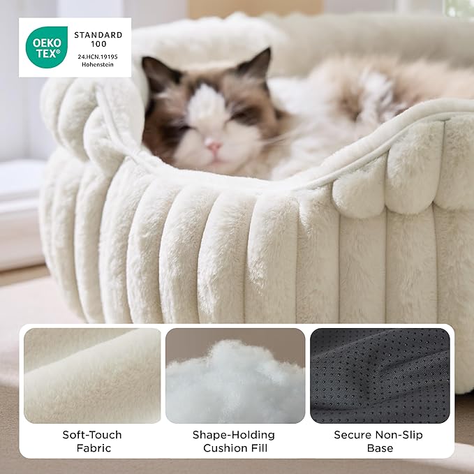 Bedsure ComfyFleece™ Cat Bed, Washable Round Cute Pet Beds for Indoor Cats, Super Soft Corduroy Kitten Bed with Anti-Slip Bottom, 20''x20''x8'', Cream