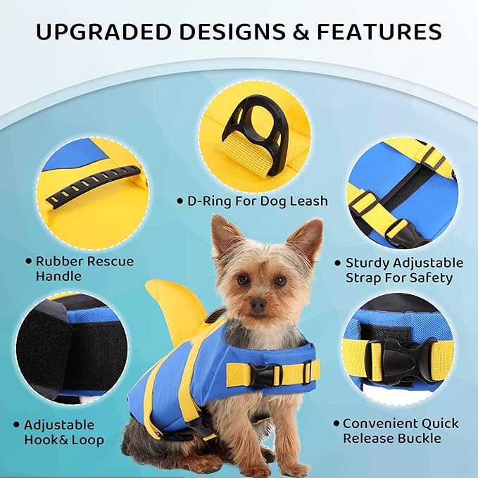 Queenmore Dog Life Jacket, Adjustable Dog Life Vest, Pet Lifesaver for Swimming, Shark Life Jacket with Rescue Handle, Rip-Stop Safety Vest for Small Medium Large Dogs