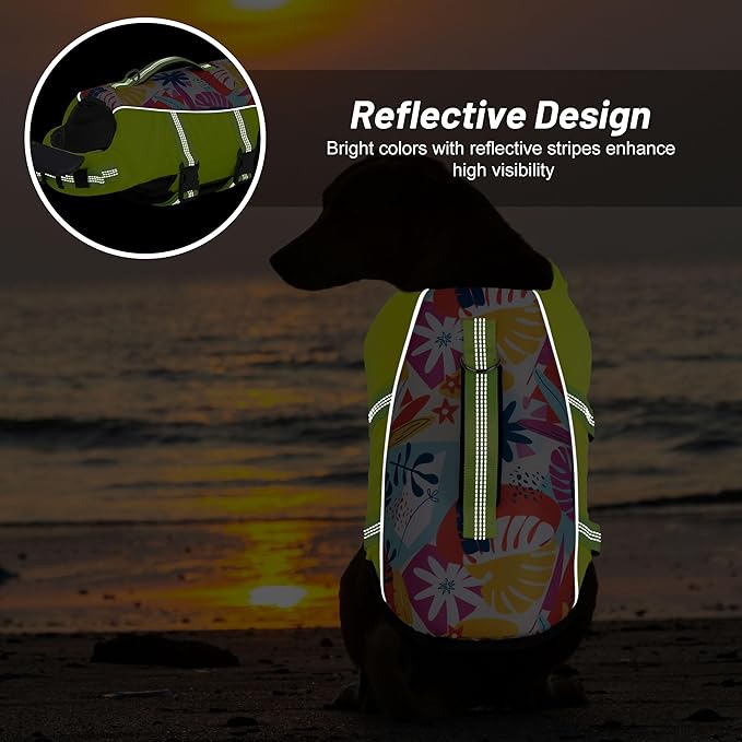 cyeollo Dog Life Jacket Reflective Printed Dog Life Vest for Swimming Boating, High Buoyancy Pet Safety Vest Lightweight Small Medium Large Dog Lifejackets with Front Float, Fluorescent Yellow S