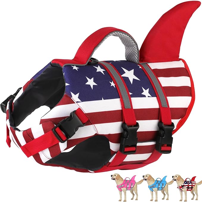Dogcheer Harness-Style Dog Life Jacket Shark, Reflective American Flag Dog Life Vest for Swimming Boating, High Buoyancy Pet Swim Vest for Small Medium Large Dogs - USA Flag, S
