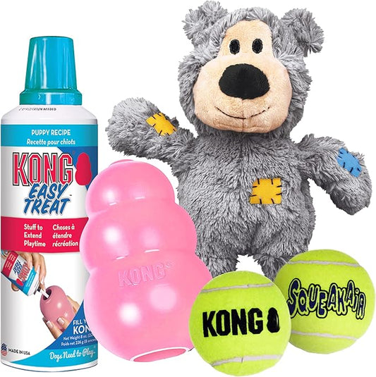 KONG Puppy Starter Dog Toy Kit - Interactive Play Kit with SqueakAir Balls, Easy Treat, Wild Knots Bear & KONG Toy - For Large Puppies - Pink