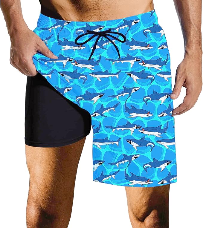 Mens Swim Trunks with Compression Liner Quick Dry Zipper Pocket Bathing
