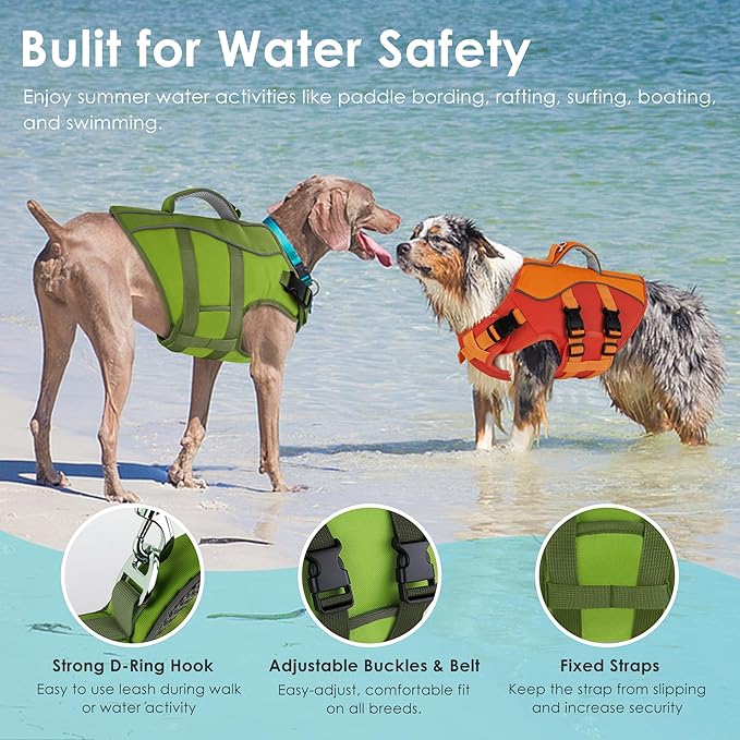 Dog Life Jacket, High Buoyancy Dog Life Vest with Handle for Swimming Boating, Adjustable Swimming Vest with Reflective Trim for Small Medium Large Dogs - Army Green, S