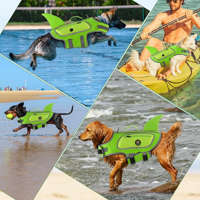 Dog Life Vests for Boating and Swimming, Dog Life Jacket with Shark Fin, Rescue Handle Pet Preserver for Medium Dogs, Neoprene Good Buoyancy Dogs Floating Safety Vest (LightGreen, Medium)