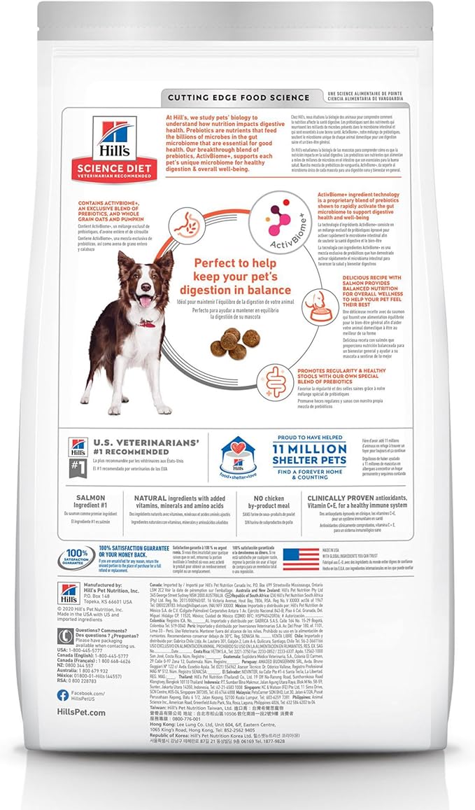 Hill's Science Diet Adult 1-6 Perfect Digestion Dry Dog Food, Salmon, Whole Oats, & Brown Rice, 22 lb. Bag
