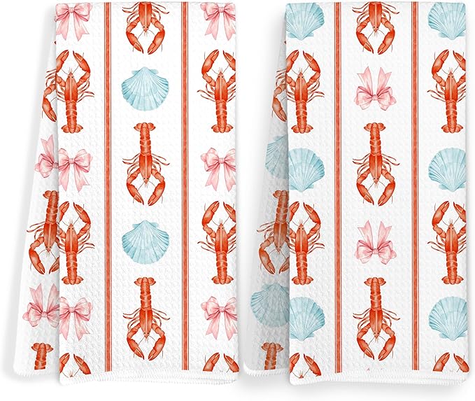 Coquette Lobster Seashell Coastal Kitchen Towels, Coastal Beach Dish Tea Towels for Kitchen Decor, Preppy Beach Hand Towels, Seafood Boil Party Supplies, 16x24 Inch Set of 2
